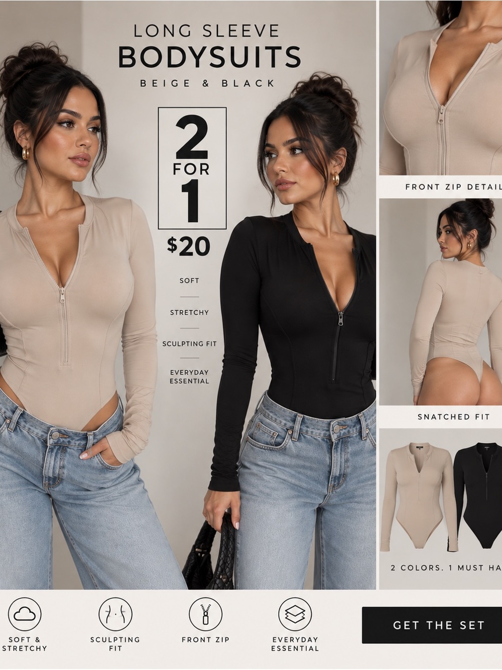 2 - Long Sleeve Bodysuits in Beige and Black